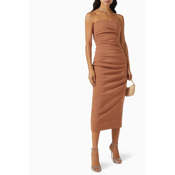 MISHA Calandra Dress in Praline 6 Womens Midi Ruched Cocktail Party - Picture 14 of 14